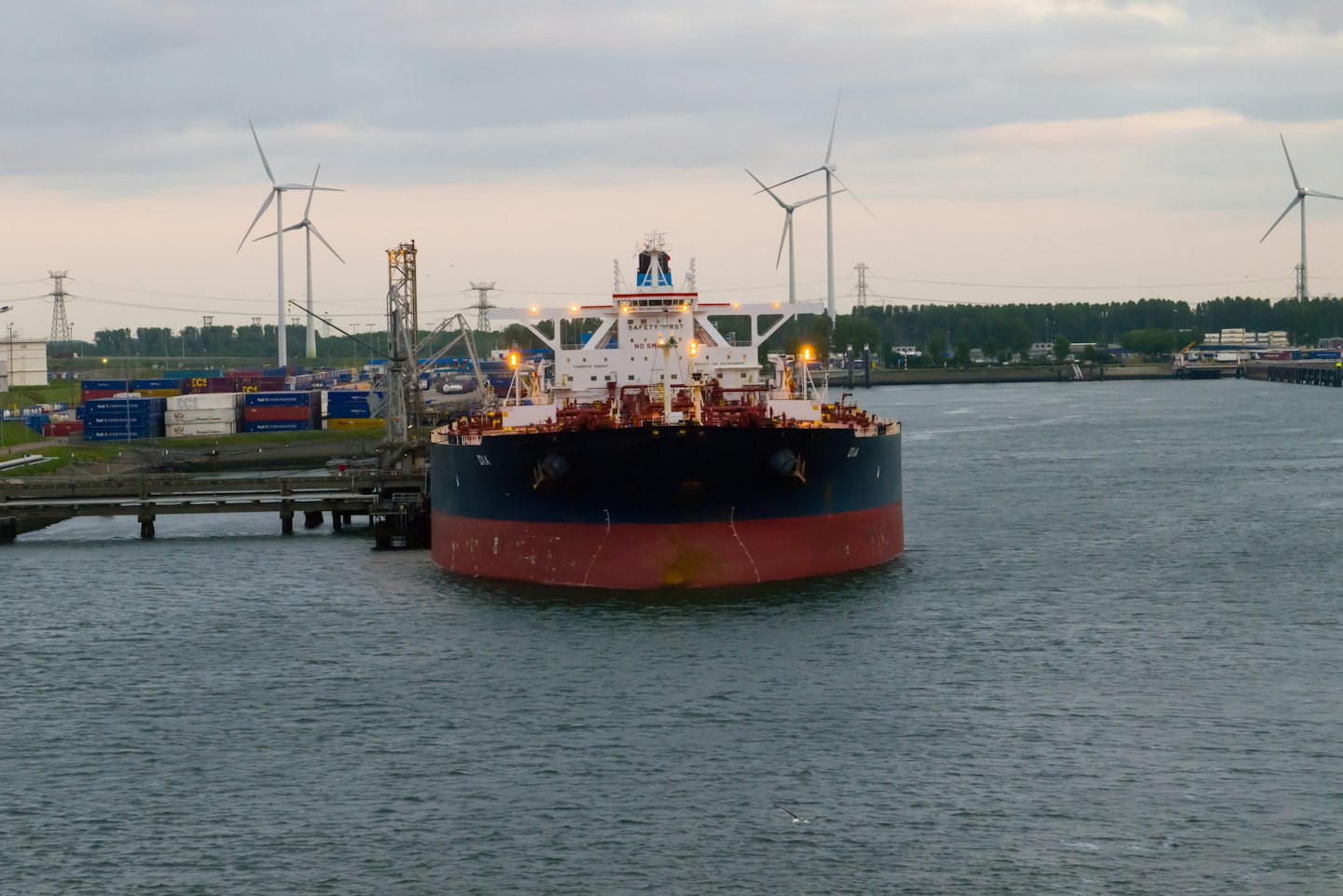 Black and red cargo ship at an industrial port with containers and cranes.